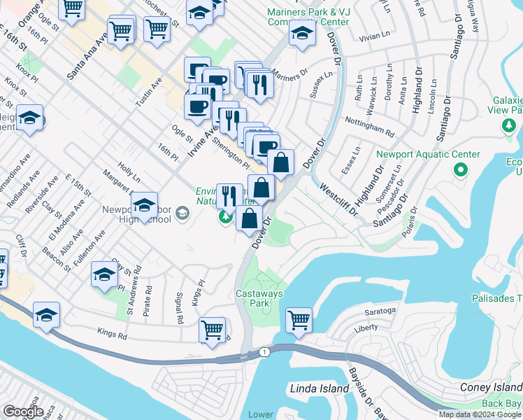 map of restaurants, bars, coffee shops, grocery stores, and more near 881 Dover Drive in Newport Beach