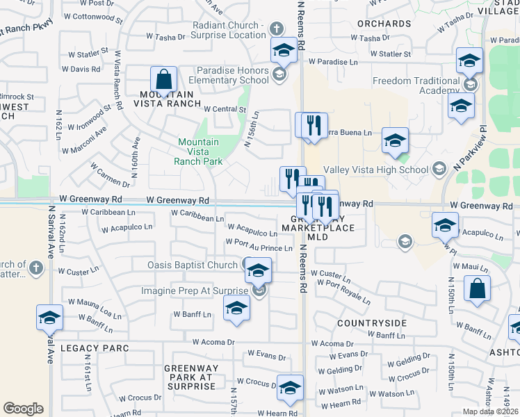 map of restaurants, bars, coffee shops, grocery stores, and more near 15616 West Caribbean Lane in Surprise