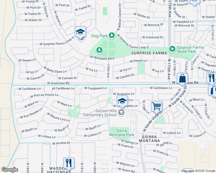 map of restaurants, bars, coffee shops, grocery stores, and more near 17900 West Maui Lane in Surprise