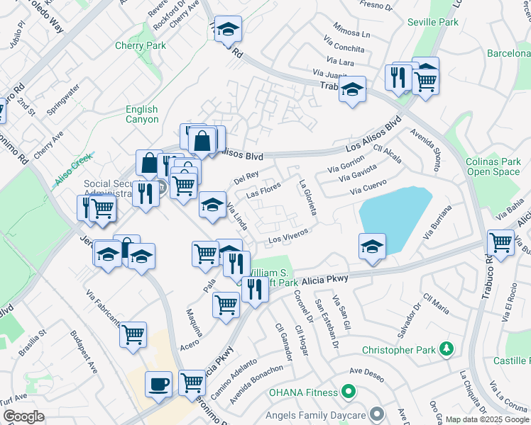 map of restaurants, bars, coffee shops, grocery stores, and more near in Mission Viejo
