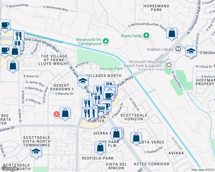 map of restaurants, bars, coffee shops, grocery stores, and more near 15050 North Thompson Peak Parkway in Scottsdale