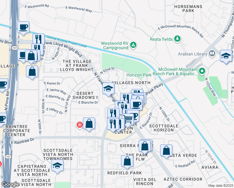 map of restaurants, bars, coffee shops, grocery stores, and more near 15151 North Frank Lloyd Wright Boulevard in Scottsdale