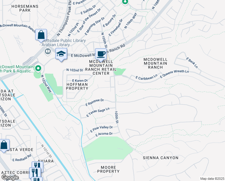 map of restaurants, bars, coffee shops, grocery stores, and more near 15169 North 104th Way in Scottsdale