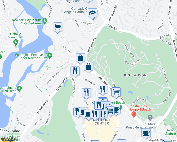 map of restaurants, bars, coffee shops, grocery stores, and more near 44 San Joaquin Plaza in Newport Beach