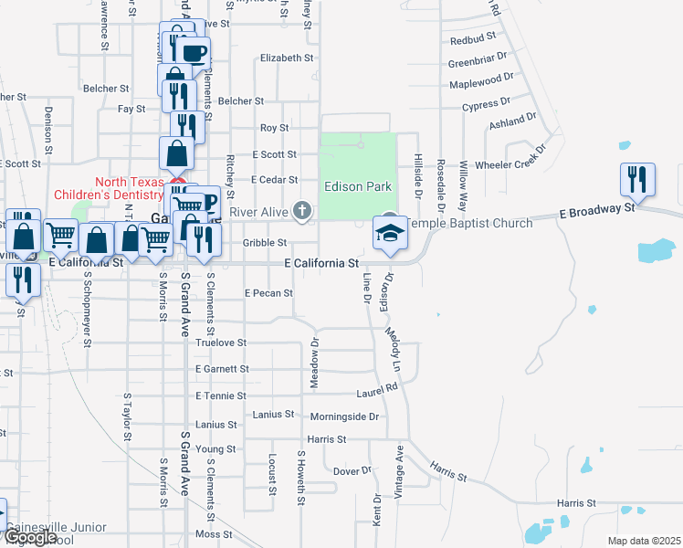 map of restaurants, bars, coffee shops, grocery stores, and more near 1704 East California Street in Gainesville