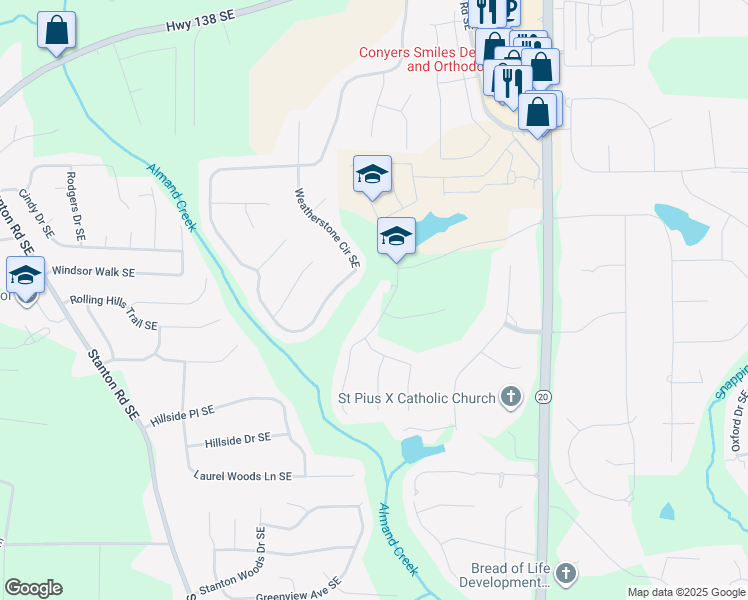 map of restaurants, bars, coffee shops, grocery stores, and more near 2791 Weatherstone Circle Southeast in Conyers