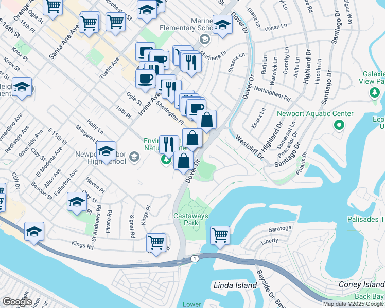 map of restaurants, bars, coffee shops, grocery stores, and more near 881 Dover Drive in Newport Beach