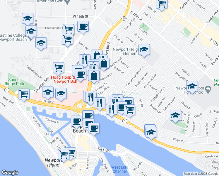 map of restaurants, bars, coffee shops, grocery stores, and more near 330 La Jolla Drive in Newport Beach