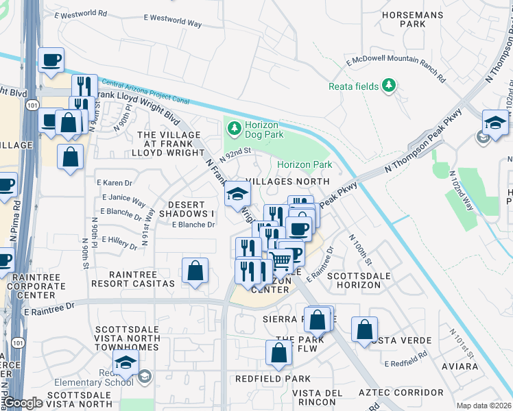 map of restaurants, bars, coffee shops, grocery stores, and more near 15151 North Frank Lloyd Wright Boulevard in Scottsdale