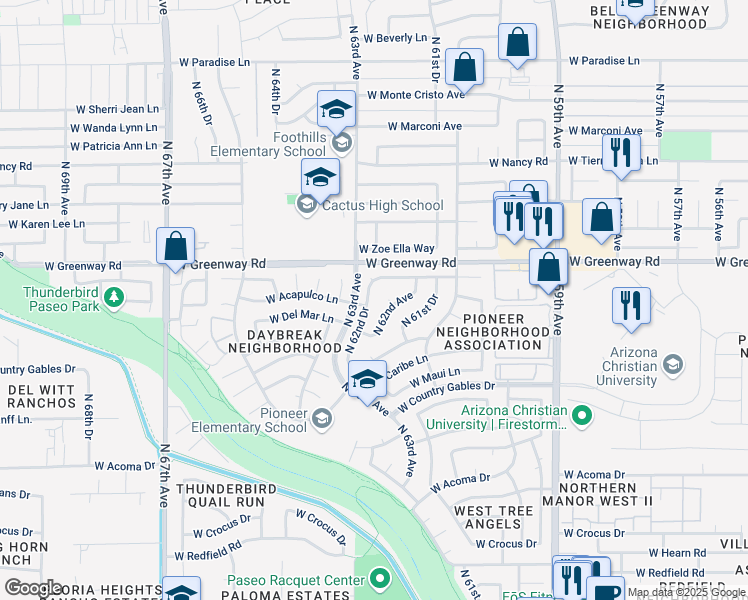 map of restaurants, bars, coffee shops, grocery stores, and more near 15284 North 62nd Drive in Glendale