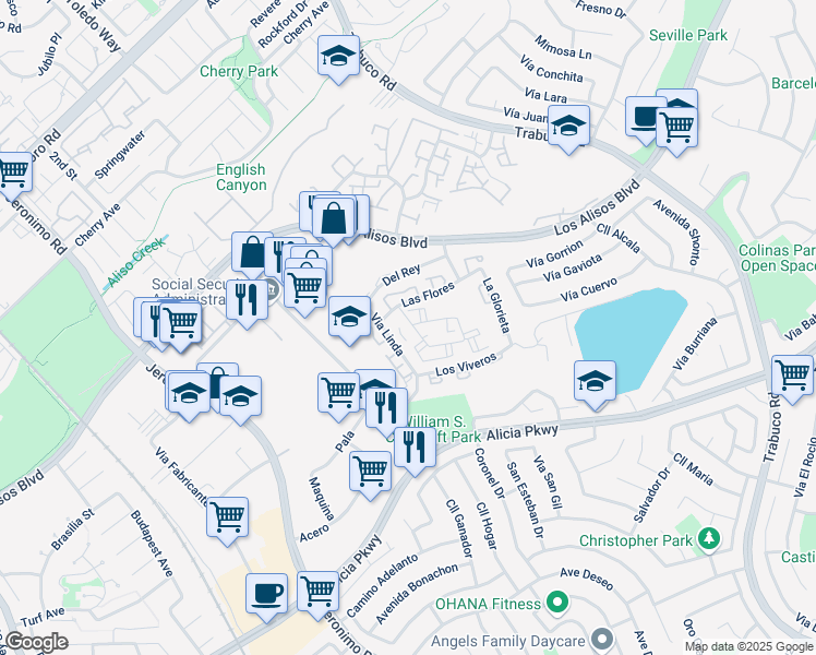 map of restaurants, bars, coffee shops, grocery stores, and more near 23301 La Crescenta in Mission Viejo