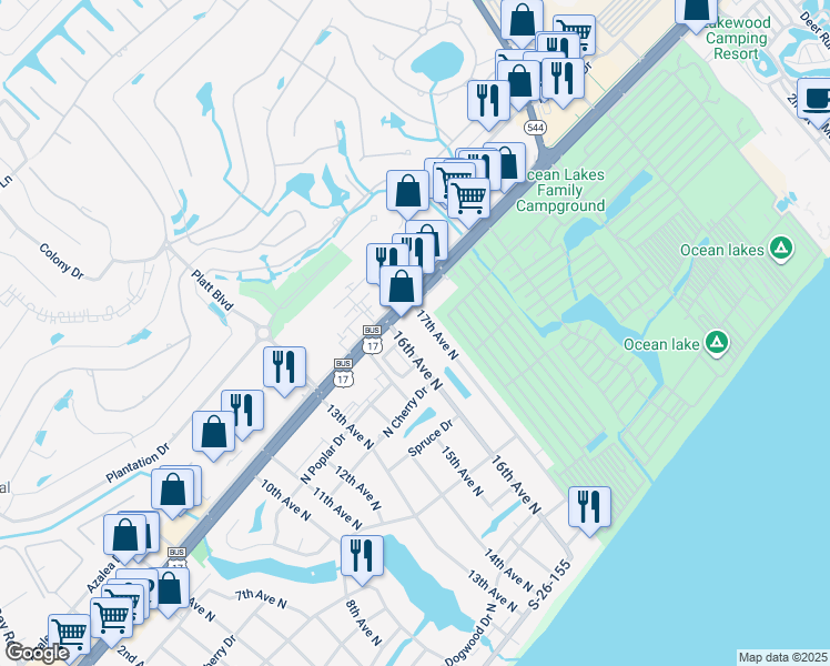 map of restaurants, bars, coffee shops, grocery stores, and more near 819 17th Avenue North in Surfside Beach