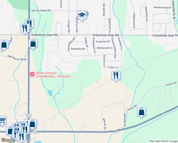 map of restaurants, bars, coffee shops, grocery stores, and more near 3938 Cloverdale Road in Anniston