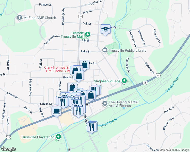 map of restaurants, bars, coffee shops, grocery stores, and more near 614 Penny Lane in Trussville