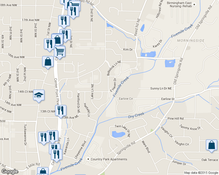 map of restaurants, bars, coffee shops, grocery stores, and more near 1509 Bobolink Lane Northeast in Center Point