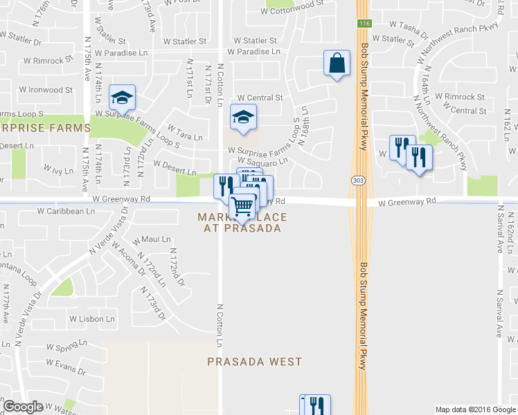 map of restaurants, bars, coffee shops, grocery stores, and more near 16701 15400 North in Surprise