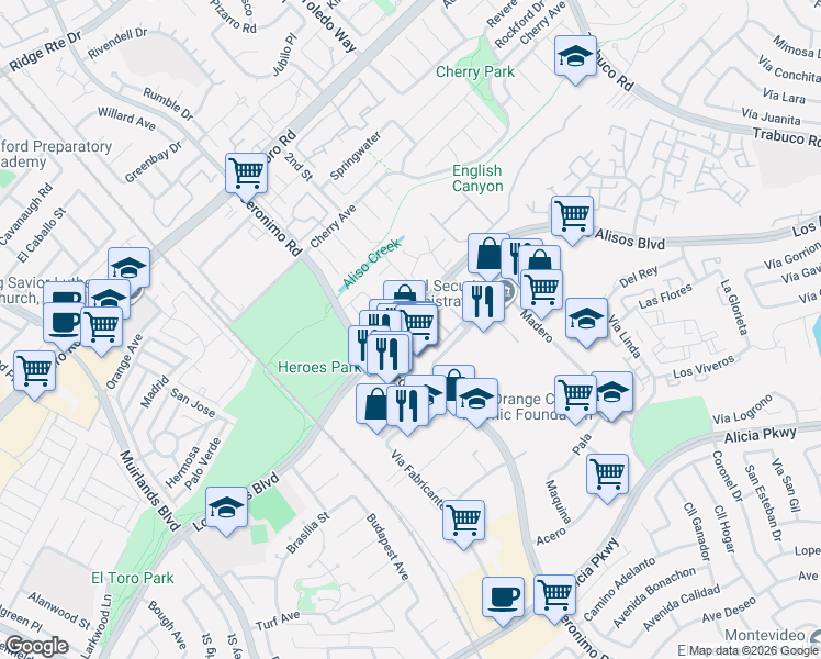 map of restaurants, bars, coffee shops, grocery stores, and more near 25571 Jeronimo Road in Mission Viejo