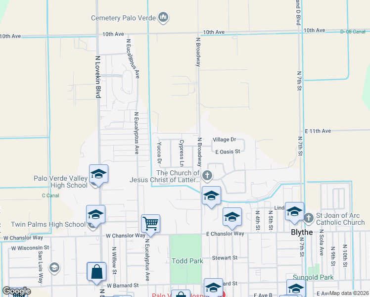map of restaurants, bars, coffee shops, grocery stores, and more near 830 Cypress Lane in Blythe