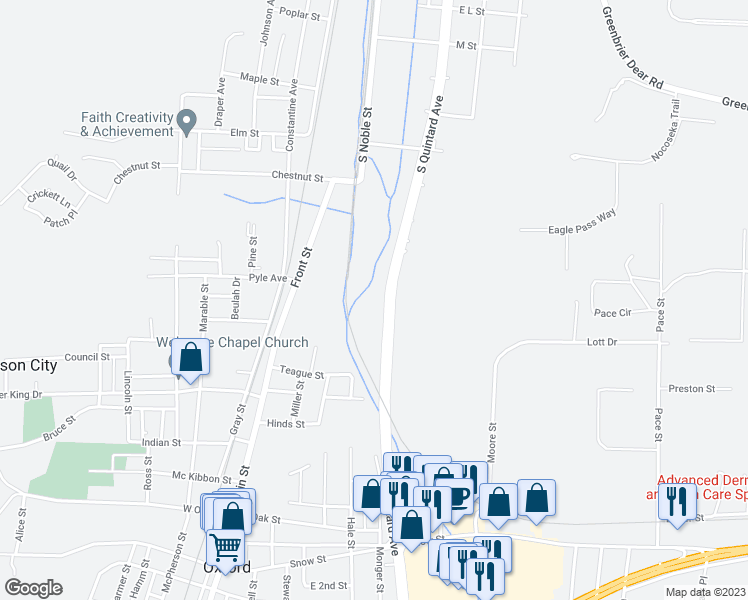 map of restaurants, bars, coffee shops, grocery stores, and more near 1800 South Quintard Avenue in Anniston