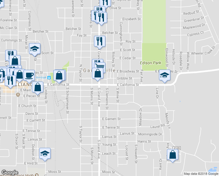 map of restaurants, bars, coffee shops, grocery stores, and more near 1306 East California Street in Gainesville