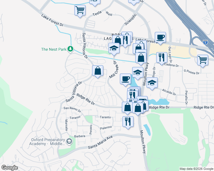 map of restaurants, bars, coffee shops, grocery stores, and more near 23291 Mill Creek Drive in Laguna Hills