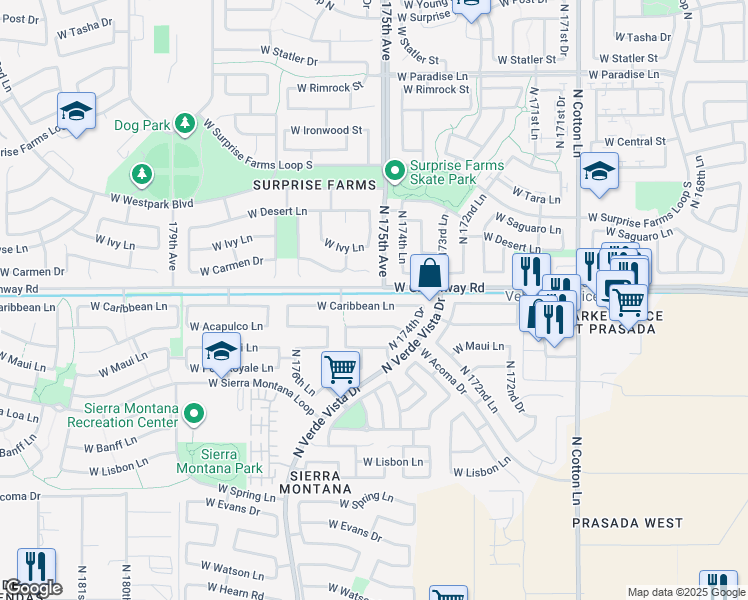 map of restaurants, bars, coffee shops, grocery stores, and more near 17508 West Caribbean Lane in Surprise
