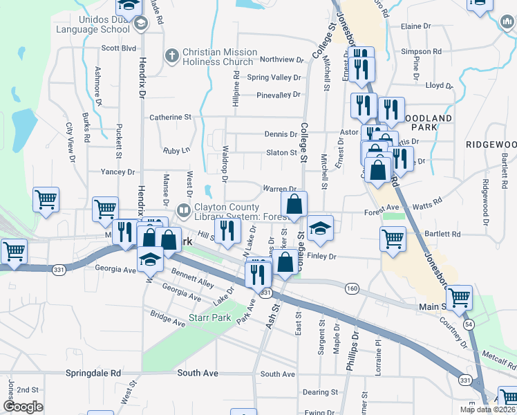 map of restaurants, bars, coffee shops, grocery stores, and more near 811 Elizabeth Drive in Forest Park