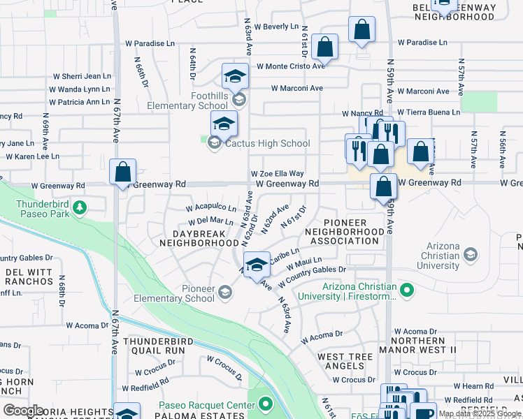 map of restaurants, bars, coffee shops, grocery stores, and more near 15284 North 62nd Drive in Glendale