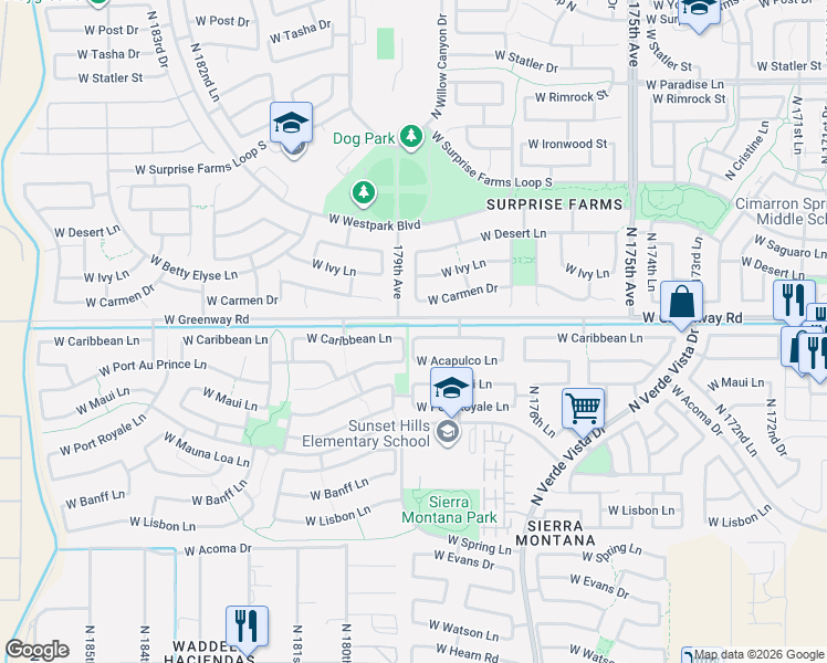map of restaurants, bars, coffee shops, grocery stores, and more near 17844 West Caribbean Lane in Surprise