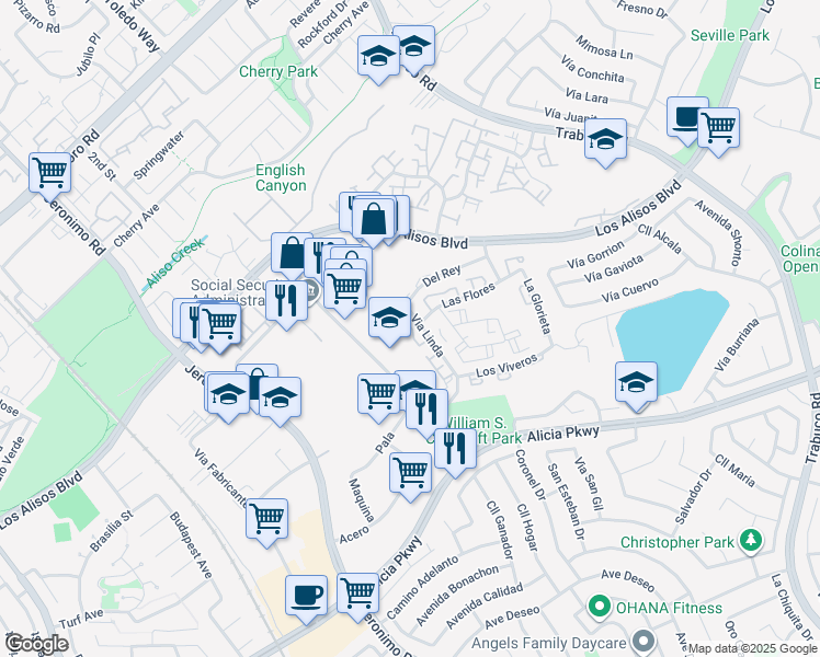 map of restaurants, bars, coffee shops, grocery stores, and more near 23355 Via Linda in Mission Viejo