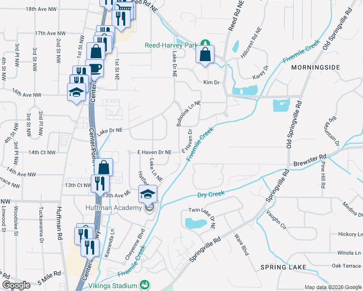 map of restaurants, bars, coffee shops, grocery stores, and more near 1509 Bobolink Lane Northeast in Center Point