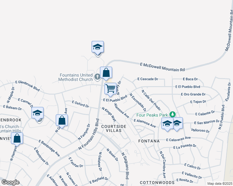 map of restaurants, bars, coffee shops, grocery stores, and more near 16830 East El Pueblo Boulevard in Fountain Hills