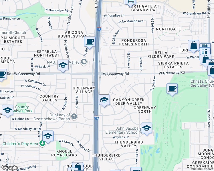 map of restaurants, bars, coffee shops, grocery stores, and more near 2577 West Greenway Road in Phoenix