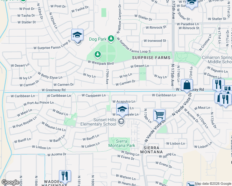 map of restaurants, bars, coffee shops, grocery stores, and more near 17844 West Caribbean Lane in Surprise