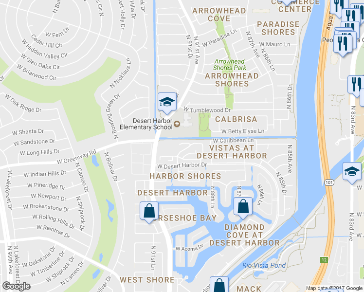 map of restaurants, bars, coffee shops, grocery stores, and more near 9021 West Caribbean Lane in Peoria
