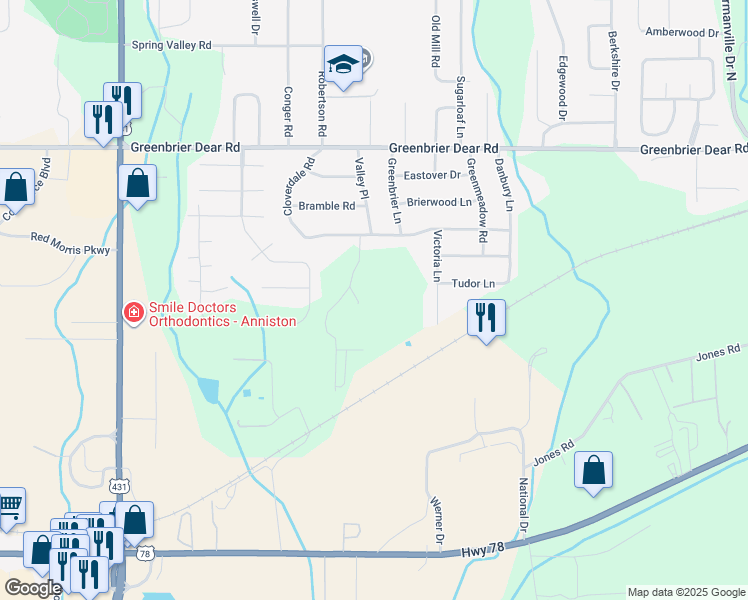 map of restaurants, bars, coffee shops, grocery stores, and more near 3938 Cloverdale Road in Anniston