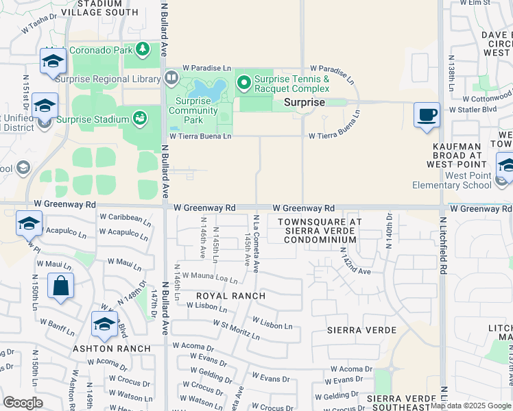 map of restaurants, bars, coffee shops, grocery stores, and more near 14440 West Greenway Road in Surprise