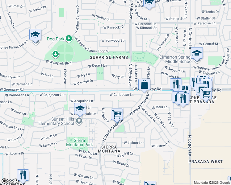 map of restaurants, bars, coffee shops, grocery stores, and more near 17610 West Caribbean Lane in Surprise