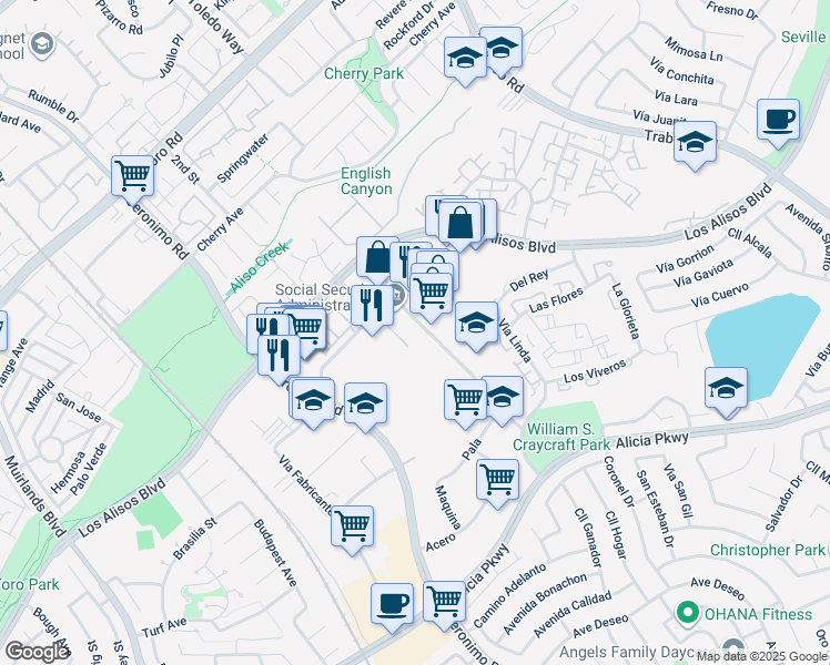 map of restaurants, bars, coffee shops, grocery stores, and more near 23341 Madero in Mission Viejo