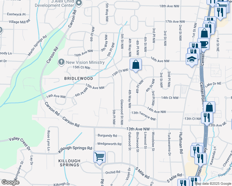 map of restaurants, bars, coffee shops, grocery stores, and more near 1500 Glenwood Street Northwest in Center Point