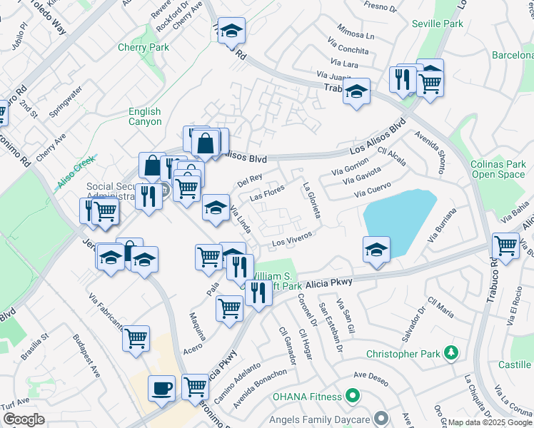 map of restaurants, bars, coffee shops, grocery stores, and more near 26152 La Real in Mission Viejo