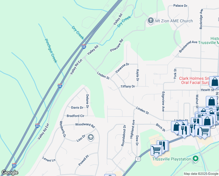 map of restaurants, bars, coffee shops, grocery stores, and more near 584 Tiffany Drive in Trussville