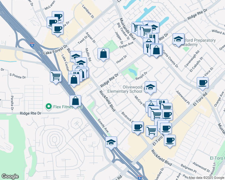 map of restaurants, bars, coffee shops, grocery stores, and more near 23331 Gondor Drive in Lake Forest