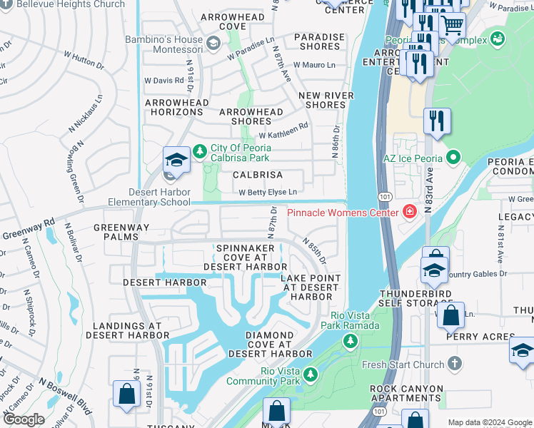 map of restaurants, bars, coffee shops, grocery stores, and more near 8748 West Acapulco Lane in Peoria