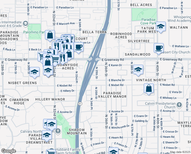 map of restaurants, bars, coffee shops, grocery stores, and more near 3433 East Janice Way in Phoenix