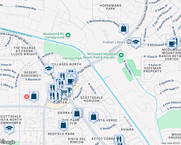 map of restaurants, bars, coffee shops, grocery stores, and more near 15138 North 100th Way in Scottsdale