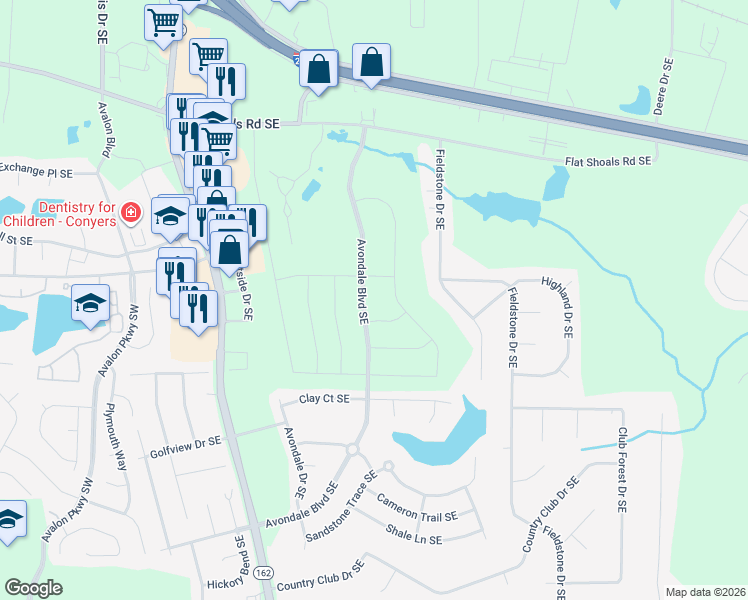 map of restaurants, bars, coffee shops, grocery stores, and more near 2271 Flat Shoals Road Southeast in Conyers