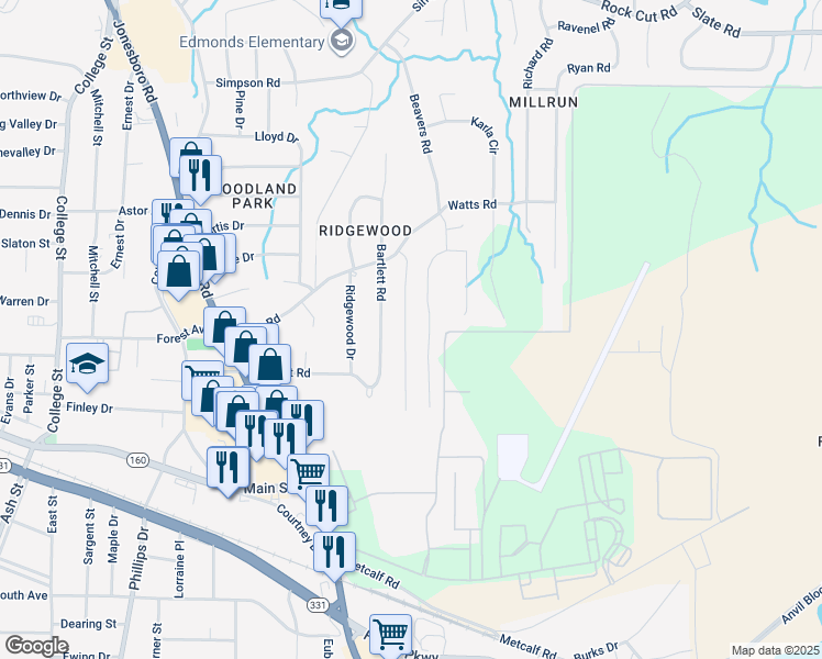 map of restaurants, bars, coffee shops, grocery stores, and more near 4800 Pinedale Drive in Forest Park