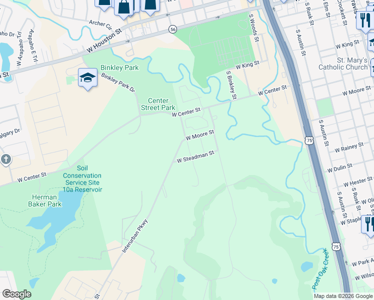 map of restaurants, bars, coffee shops, grocery stores, and more near 1331 West Moore Street in Sherman