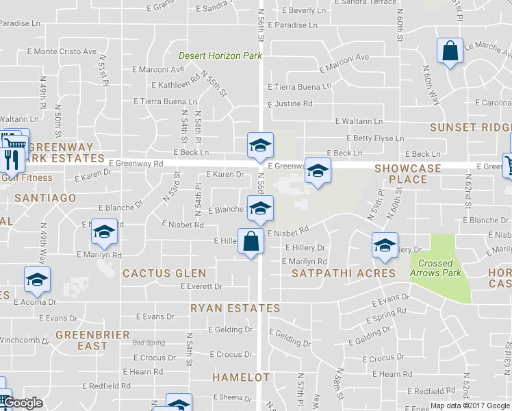 map of restaurants, bars, coffee shops, grocery stores, and more near 5542 East Blanche Drive in Scottsdale
